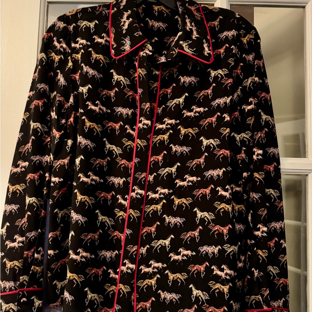 Alice + Olivia Black Horse Print Top with Red Trim